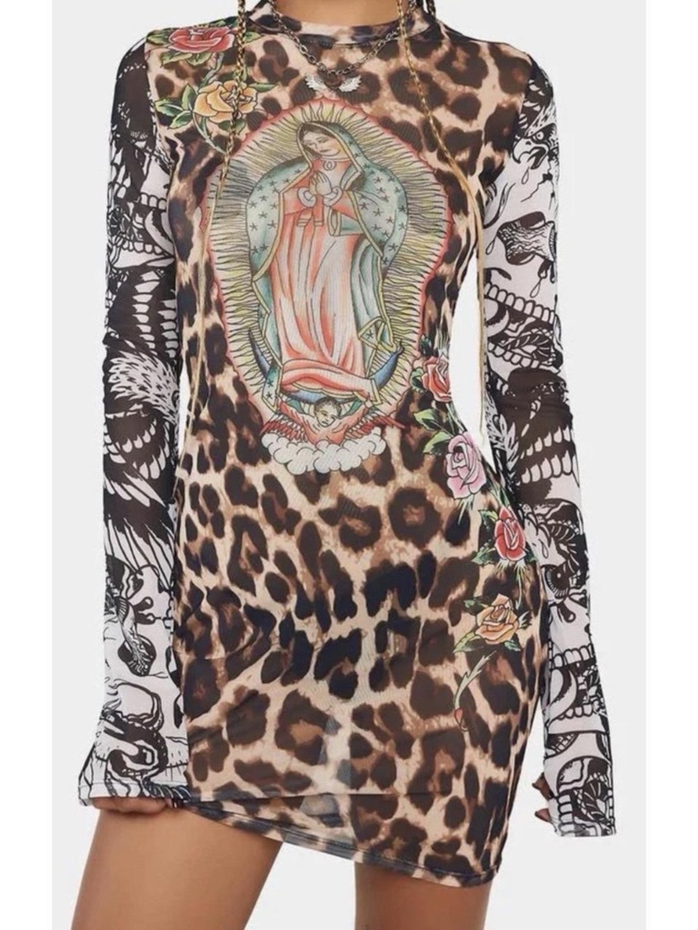 Ed Hardy Virgin Mary Leopard Mesh Bodycon Mini Dress Y2K Tattoo Gothic L- NWT